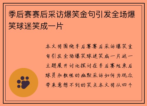 季后赛赛后采访爆笑金句引发全场爆笑球迷笑成一片
