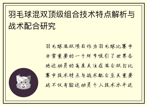 羽毛球混双顶级组合技术特点解析与战术配合研究