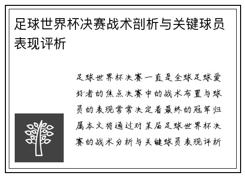 足球世界杯决赛战术剖析与关键球员表现评析