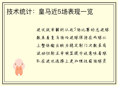 技术统计：皇马近5场表现一览