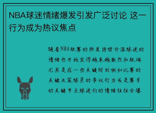 NBA球迷情绪爆发引发广泛讨论 这一行为成为热议焦点